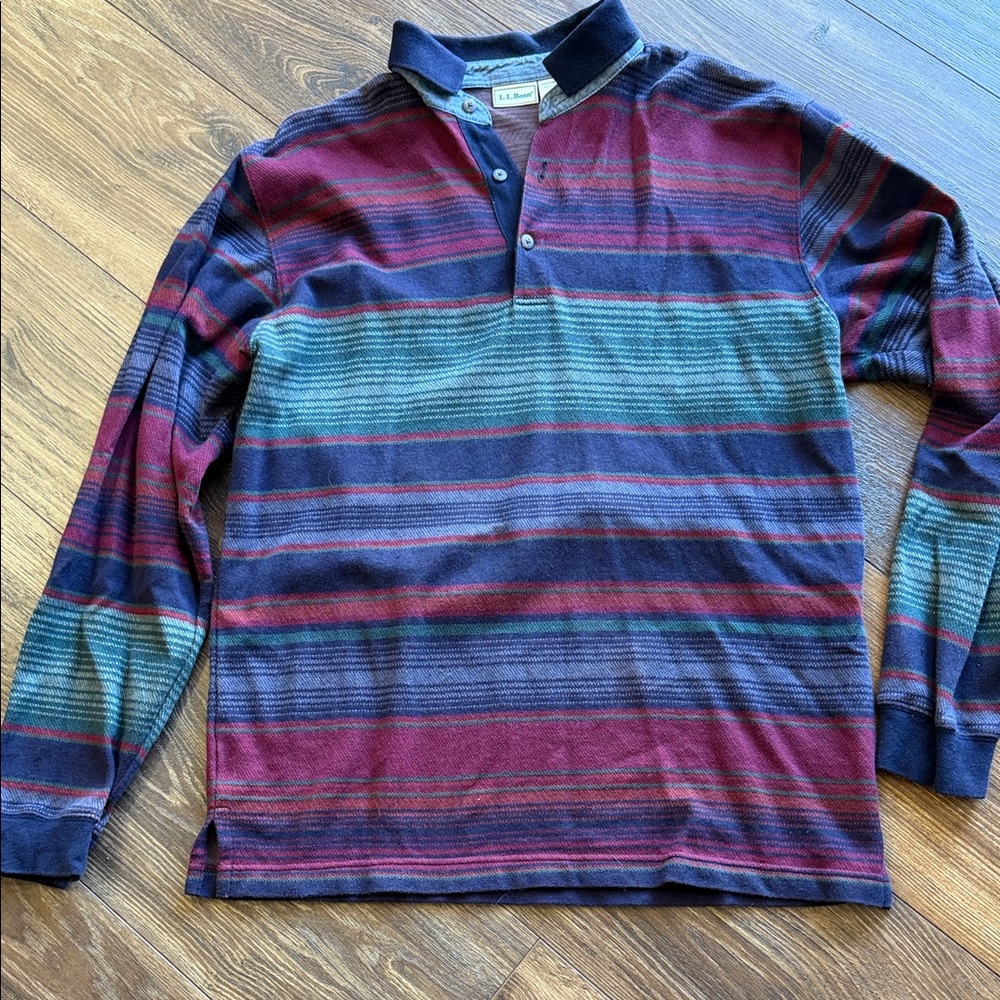 L.L. Bean Men's Striped Rugby Polo in Burgundy, Navy & Green